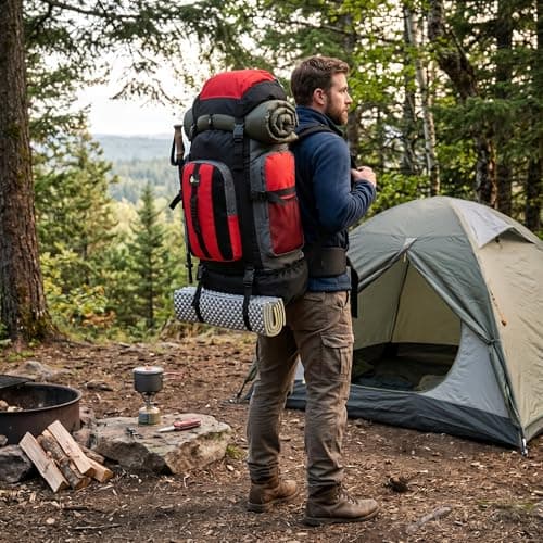 120L Extra Large Camping Travel Backpack Hiking & Fishing Rucksack (Red) — view 3
