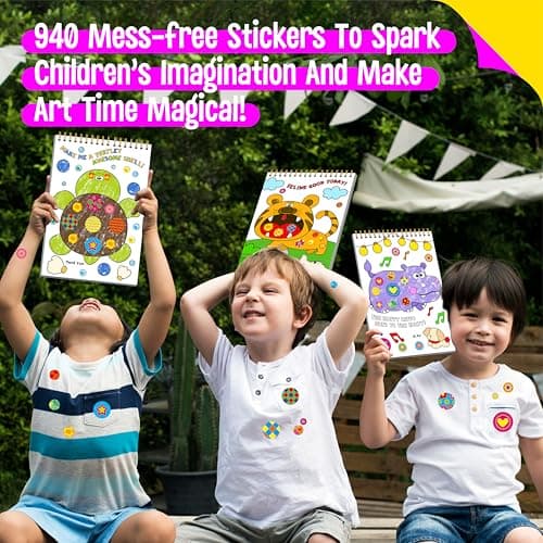 SpriteGru Road Trip Coloring Kit, 50 Coloring Pages with 940 Decorative Stickers & 12 Crayons, Mess-Free Travel Sticker Collage Activity DIY Dotty Animals Travel Art Craft Kit for Kids, Toddlers — view 4