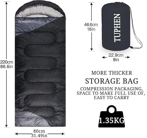 tuphen Sleeping Bag - 3-4 Seasons Camping Sleeping Bags for Adults for Hiking, Backpacking, Cold Weather & Warm Lightweight Travel Gear (Dark-gray, Single 86.61''x31.49'') — view 3