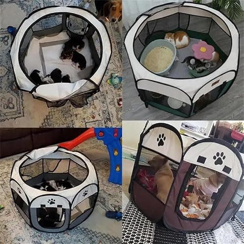 GA COMMUNICATIONS Portable Pet Playpen, Foldable Dog Cat Cage Indoor Puppy Play Pen, Breathable Mesh Pet Carrier Kennel Soft Tent For Large Dogs Travel Puppies Playpens (Grey/Beige, 91 * 91 * 58 cm) — view 5