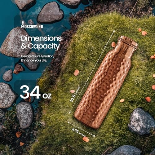 100% Copper Water Bottle - 34 oz Extra Large - Hammered Finish Pure Copper Water Bottle for Drinking - Handcrafted Ayurvedic Leak-Proof Vessel for Healthy Hydration - Premium Ocean Blue Gift Box — view 6