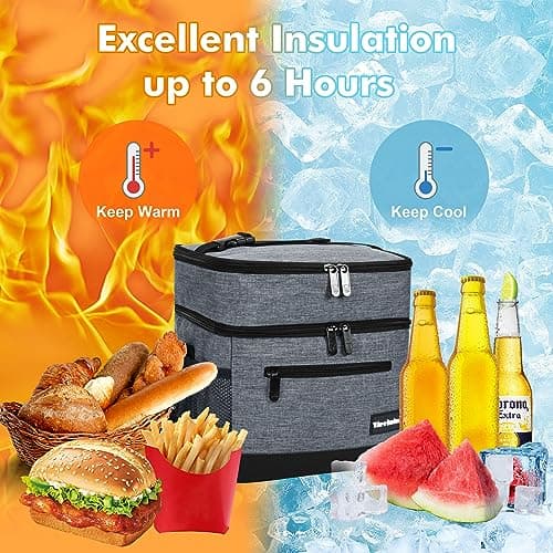 Kato Tirrinia Insulated Lunch Bag 17L(23 Cans), Large Compartment Cool Bag Thermal Tote Bags for Lunch Work School Camping Picnic, Foldable Cooler Bag for Meal Prep or Lunch Box Container, Charcoal — view 5