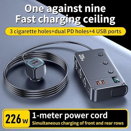 226W Car Charger Cigarette Lighter Splitter, 9-in-1 Multi-Port Car Power Adapter with 3 Sockets, Dual PD USB-C, 4 USB Ports, LED Voltmeter, Fast Charging for 12V–24V Vehicles — view 2