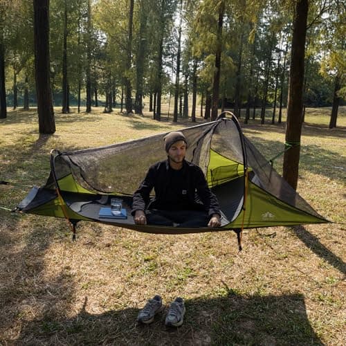 Night Cat Hammock Tent for 1 Person: Triangle Flat Bottom Hammock with Mosquito Net and Outdoor Camping Waterproof Tarp for Backpacking in Jungle Army Green — view 2