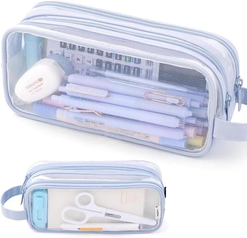 Deyaah Large Clear Mesh Pencil Case Pouch, 2 Compartment Pen Bag Multifunction Pencil Pouch Transparent Makeup Bag for Teen Student College Business Travel Office Adult (Blue)
