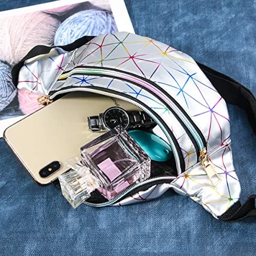 flintronic Waist Bag, Holographic Fanny Pack with PU Leather, Shiny Belt Bag Festival Rave Bumbags for Ladies Travel Party Sports Running Hiking(Silver)(1 Business Card Holder Include) — view 3