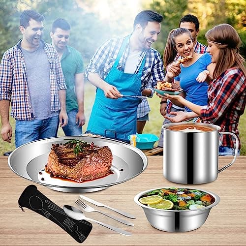 MOUFIER Outdoor Camping Cutlery Set Stainless Steel Tableware Mess Kit Includes Plate Bowl Cup Spoon Fork Knife in Mesh Bags for Camping Backpacking & Hiking for 1 Person, Silver (M028) — view 3