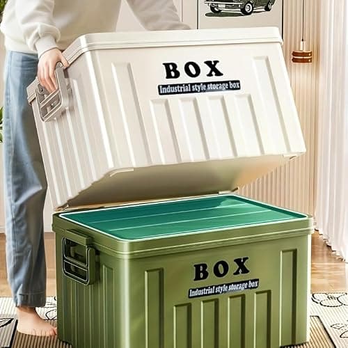Minifactory Industrial Style Storage Box with Lid – Large Capacity Foldable Clothes Storage Organizer with Handles, Thickened & Durable for Bedroom Wardrobe, Travel, Car Boot, Outdoor (White)