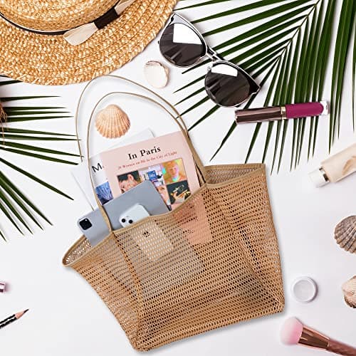 flintronic Mesh Beach Bag, Summer Beach Bag Oversized Ladies Tote Bag Shoulder Bag with Zipper Pockets Mesh Nylon Bag, Perfect for Beach Party Travel Picnic Vacation Shopping - Brown — view 3