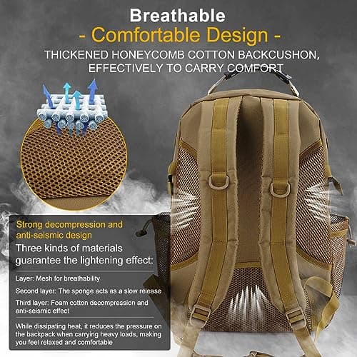 YORKING 50L Military Tactical Backpack Waterproof Assault Molle Army Assault Daypack Large Capacity Backpack for Men Women Trekking Hiking Travel Camping (Brown) — view 4
