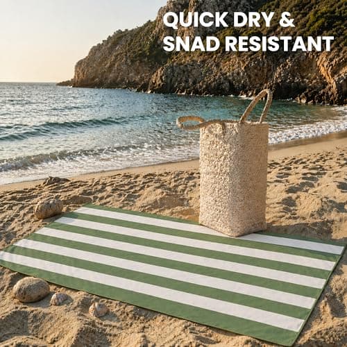 Olivia Rocco Beach Towels Extra Large Super Soft Quick Dry Sand Resistant Travel Pool Towel Lightweight Summer Holiday, Stripe Sage — view 4