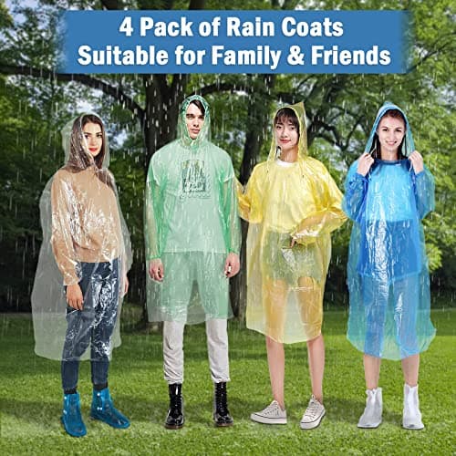 Gadom 4 Pack Rain Poncho Waterproof Adult, Emergency Rainponchos with Hoods and Sleeves for Men or Ladies, Plastic Raincoats Festival Accessories for Camping, Theme Parks, Travel — view 3