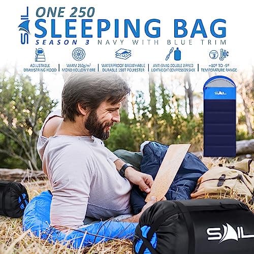 SAIL 3 Season Sleeping Bag for Kids & Adults - Extra Wide, 250GSM Lightweight & Waterproof - Large XL Sleeping Bag for Camping, Indoor & Outdoor, Hiking & Backpacking - Blue — view 2