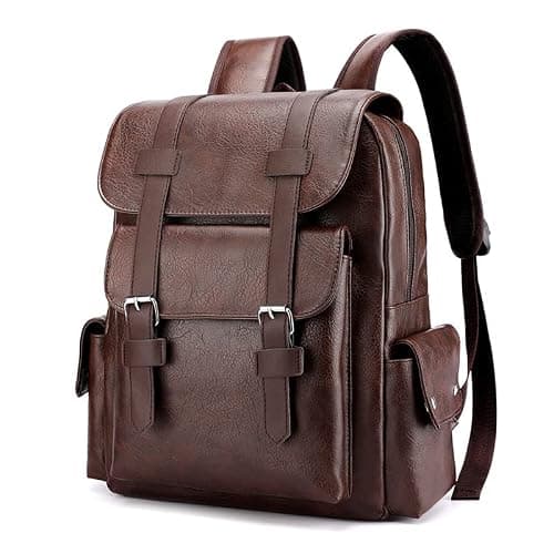 FUNSEED Backpack for Men, Large Capacity 15.6in Laptop Bag Vintage PU Leather Shoulder Bag for Travel Work, Brown, L, Fashion