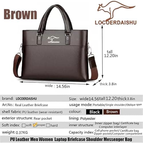 LOCOERDAISHU Genuine Leather Laptop Briefcase Messenger Bag for Men, 14 Inch Laptop Shoulder Bag, Business Travel Crossbody Satchel, Office Work Computer Case with Adjustable Strap (Brown) — view 3