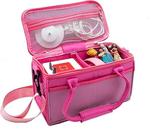 Carrying Case for Toniebox Starter Kit with Velcro Dividers, Dual Mesh Side Pockets and Mesh Zipper Pocket in Lid. (Hot Pink with Shoulder Strap)