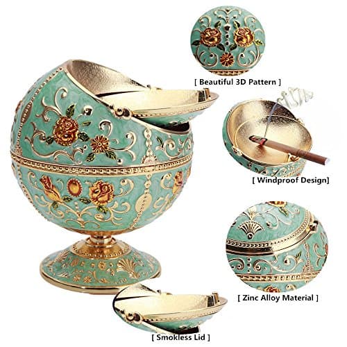 MALAYAS Vintage Windproof Cigar Ashtray, Light Green Alloy, Hand Stamped Pattern, Portable, with Lid and Odor Eliminator, ASHTRAY, Medium, Round, Enamel, Modern, Vintage, Green, Nickel — view 3
