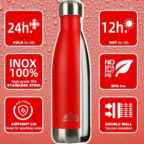 Mont-Clair H2O Stainless Steel Water Bottle, Vacuum Insulated - BPA Free, 12h Hot & 24h Cold Drinks, Metal Water Bottle 500ML Leakproof, Ideal for Adult, Kids, Running - Red — view 2