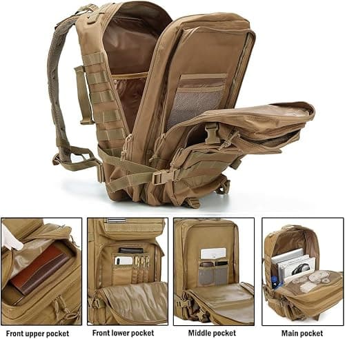 Panavage | Military Tactical Backpack 45L | Waterproof Rucksack with MOLLE, Laptop Compartment | 3-Day Assault Pack for Hiking, Camping, Hunting | Unisex (Khaki) — view 5
