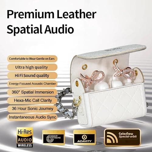 BUDZ Wireless Earbuds with Gift Box for Women, Bluetooth 5.4 Headphones with leather bag, Hi-Fi Dual-Magnetic Diaphragm Earphone, 36H Battery, ANC, 360° Spatial Immersion (Pearl White) — view 4