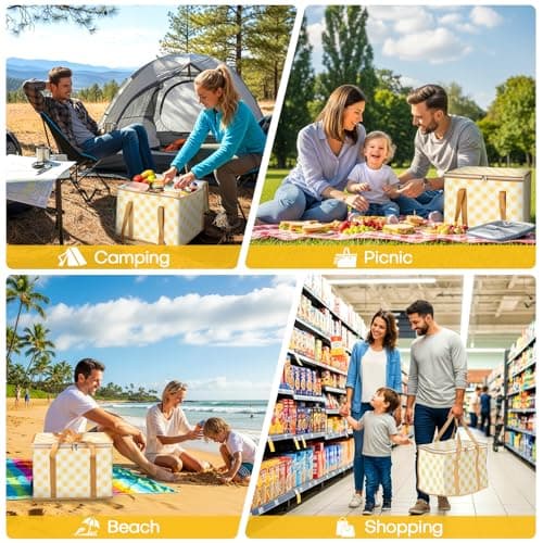 Beautyshow Cool Bag, 40L Large Insulated Bag, Reusable Grocery Shopping Bags with Classic Gingham Design, Foldable Thermal Food Delivery Bags Soft Cooler for Picnic, BBQ, Camping, Beach, Travel, Auto — view 6