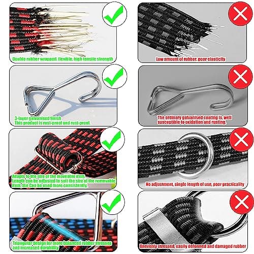Bungee Cords with Hooks Adjustable - Elastic Heavy Duty Straps Rope Flat Bungee Straps for Bike Luggage Rack Camping Tent Car Roof Rack Fixings 4 Pack — view 4