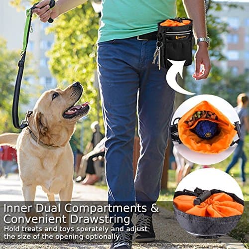 lanktoo Dog Treat Pouch Bag with Poop Bag Holder, Waterproof Puppy Training Walking Bag W/Shoulder Strap, Waist Belt and Clip, Easily Carrying Dog Toys, Food (Black+Orange) — view 2