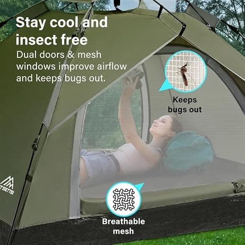 Camping Tent Pop Up, 3-4 Man Automatic Instant Tent Ultralight Dome Tent 4 Seasons, 2 in 1 Double Layers with Removable Outer & Carry Bag for Camping Hiking — view 3