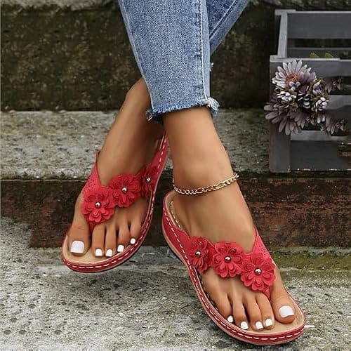 Red Sandals Wedge Flip Flops for Women Orthopedic Sandals Women Comfortable Flip Flops with Arch Support Summer Casual Wedge Sandal Slippers Dressy Comfy Platform Beach Travel Sandal Shoes — view 2