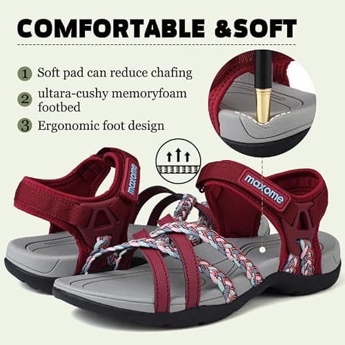 Maxome Hiking Sandals Women Summer Walking Sandals for Women Comfortable Sports Sandals Casual Hook Loop Strap Beach Sandals Red — view 4