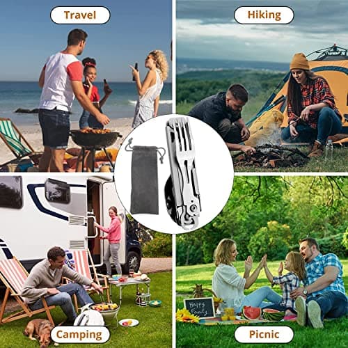 HONZIN Folding Camping Cutlery Set, 5 in 1 Multifunctional Portable Stainless Steel Cutlery, Outdoor Detachable Tableware Utensil for Travel, Hiking, Picnic, with Drawstring Pouch (1 Pack) — view 5