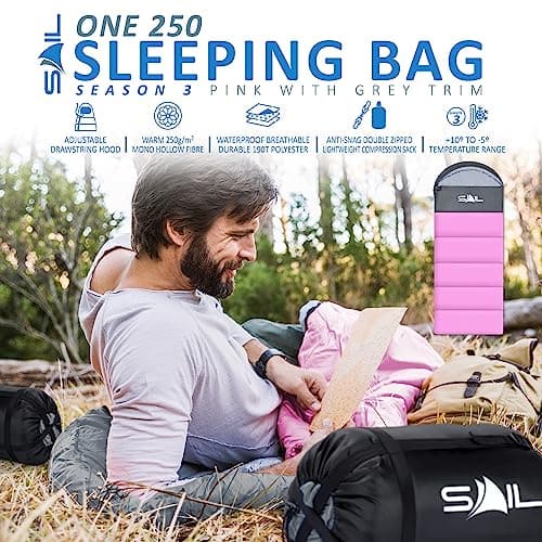 SAIL Sleeping Bag for Adults & Kids, 3 Season Autumn/Spring/Summer 250GSM - Waterproof, Lightweight & Compact, Ideal for Camping, Hiking & Backpacking - Pink — view 2