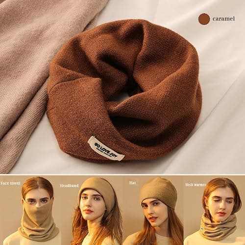 BSLVWG Winter Multifunctional Neck Warmer Fleece Lined Scarf Fleece Thicken Windproof and Dust Skiing Circle Lining Knit Infin for Mens Womens (Caramel) — view 2