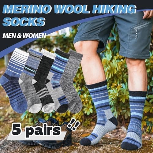 Welwoos Merino Wool Walking Hiking Socks for Women Men Thermal Winter Warm Cosy Crew Work Gift Socks Stocking Fillers 5 Pairs(Blue, 7-11) — view 3
