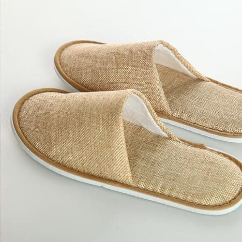 5 Pairs Linen Closed Toe Brown Spa Slippers Disposable Soft Hotel Guest Slippers Men and Women for Spa, Party Guest Visit, Hotel and Travel Non Slip Fits up to UK Men Size 8.5 and Women Size 9 (Brown) — view 6