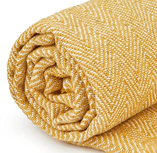Emma Barclay Herringbone - Recycled Cotton Patterned Chair Sofa Setee Bed Throw Over Blanket in Ochre Yellow - 50x60 (127x152cm) — view 2