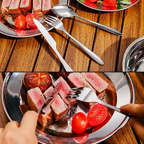 Odoland Camping Cutlery Set - Stainless Steel Tableware Mess Kit Plate Cup Fork Spoon, 8 in 1 Flatware Kit with Mesh Bag - Dinnerware Utensils Set for Outdoor Camping Hiking and Picnic for 1 People — view 6