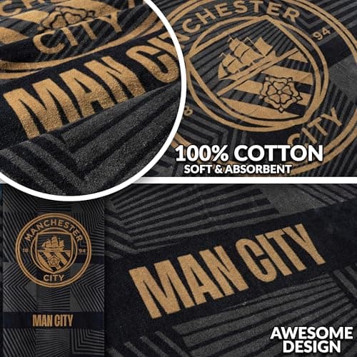 MANCHESTER CITY F.C. Bath Towel for Men Women Teens Boys 100% Cotton Quick Dry Football Crest Beach Towel Swim Gym Holiday Shower Supporters' Gear 137 x 69cm (Black, 137x68.5cm) — view 4