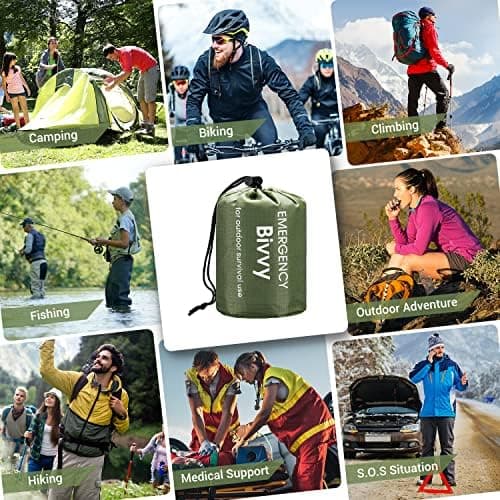 Esky Emergency Sleeping Bag, 2 Pack Survival Bag Portable Thermal Bivy Sack, Waterproof Lightweight Emergency Blanket Survival Gear with Compass for Camping Hiking Outdoor Adventure (Green) — view 2