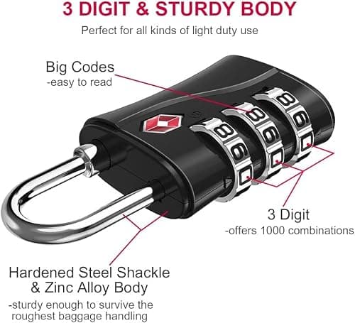 ZHEGE Suitcase Locks Combination, Travel Padlock (Black) — view 3
