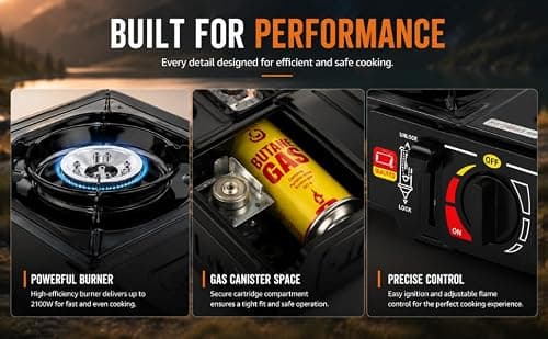 OptiProducts Portable Camping Stove with Carry Case & 4 Butane Gas Canisters – Black Single Burner Gas Cooker, Automatic Piezo Ignition, Adjustable Heat Control, EN417 Compliant, 2100W — view 4