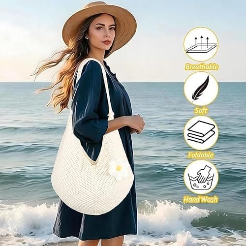 Hittriu Crochet Beach Bags for Women, Hollow Crochet Mesh Tote Bag, Coffee Hobo Beach Shoulder Bag Handbag for Seaside Holiday Travel Daily Shopping (Off White) — view 3