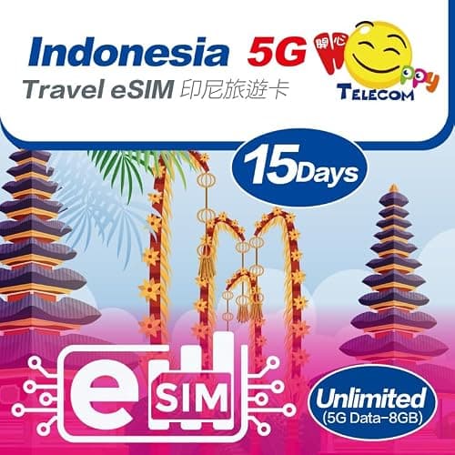 eSim Devices Only | Happy 5G eSim Indonesia 15Days Unlimited Data Travel eSim | 8GB of 5G High-Speed Data Then 128kbps | Support iPhone & Android Devices | Easy Activation | No Need Registration