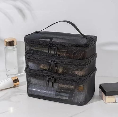 Tosnail Set of 3 Mesh Travel Toiletry Bag with Handle, Black Mesh Pouch Zipper Bag, Mesh Cosmetic Organizer Case, Portable Small Shower Caddy for Makeup, Skincare, Beauty Product, Office — view 6