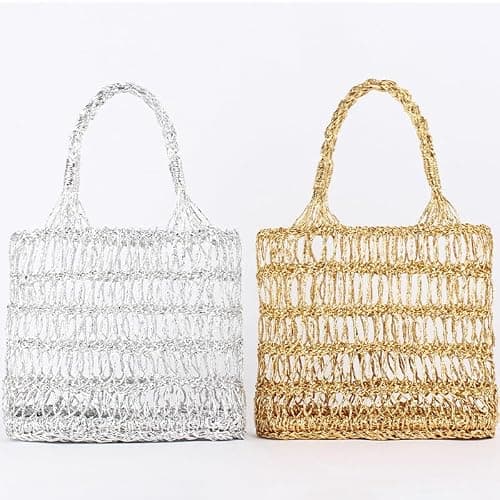 FUNSEED Straw Beach Tote Bag for Women, Gold and Silver Handbag for Beach Swimming Pool, Silver, S — view 5