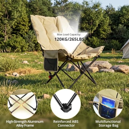 Anbte Padded Camping Chair for Adult, 3-Position Adjustable Backrest, khaki — view 6
