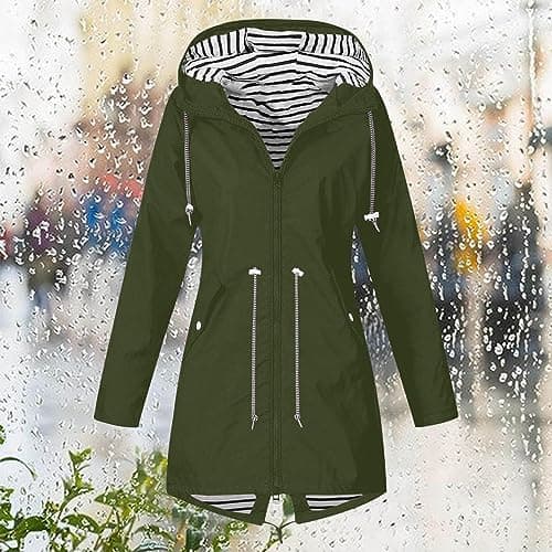 Army Green Lightweight Waterproof Jacket for Women - Travel Cycling Rain Coats,Packable Windbreaker Coats Outwear with Hood,Loose Fit Casual Long Hooded Rain Jacket,Breathable Softshell Raincoat XL — view 2