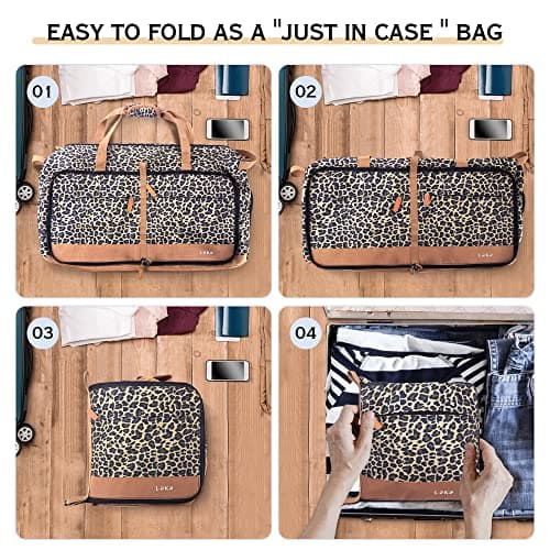 Lekesky Large Foldable Travel Duffe Bag - 80L Waterproof Holdall Luggage Bag with Shoes Compartment, Weekend Overnight Sports Bag for Women and Men(Leopard Print, 72 * 33 * 34cm) — view 5