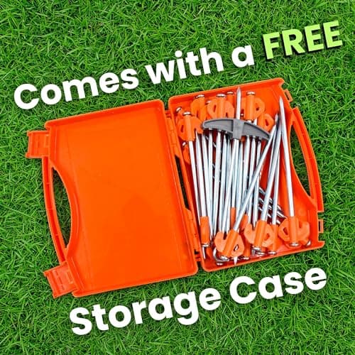 Heavy Duty Tent Pegs - 20cm x 20 Pack Orange Hard Ground Tent Pegs, Camping Pegs, Awning Peg for outdoors, Strong Galvanized Steel with Storage Case and Peg Remover — view 4