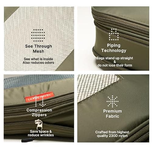 LeanTravel Premium Compression Packing Cubes for Travel - Suitcase Organizer Bags with Double Zipper & Breathable Mesh Panel - Space Saving Carry On Luggage Essentials (6-Pack, Olive Green) — view 4